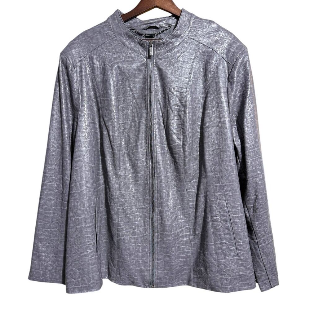 Dennis‎ Basso gray embossed faux leather zip front moto jacket - women's 3X